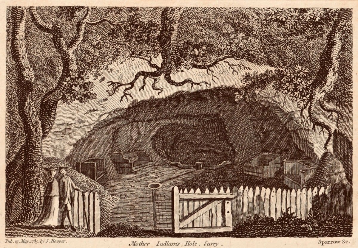 Engraving of Mother Ludlam's Hole, Surrey, published 1785 by S. Hooper