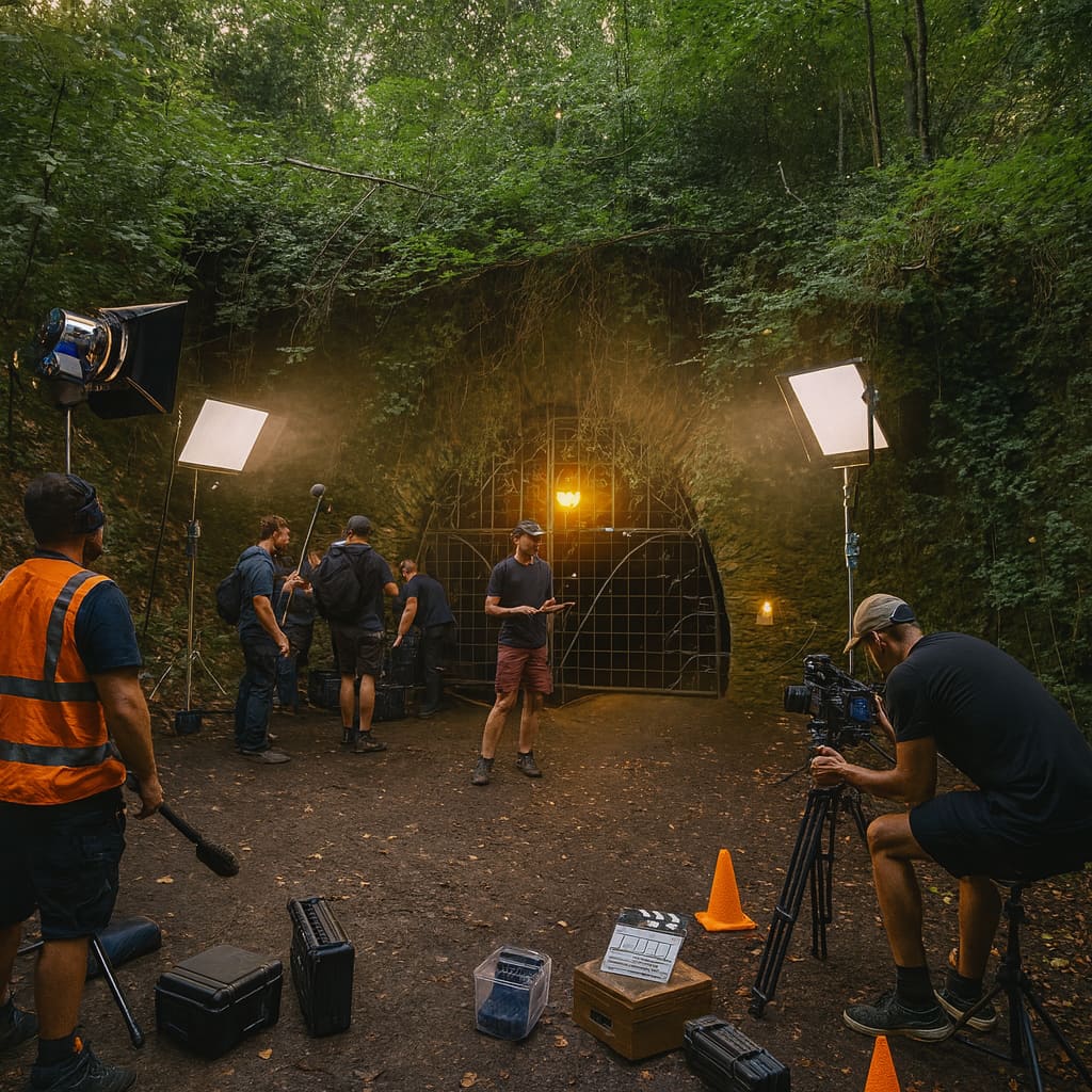 A professional film crew at the cave entrance